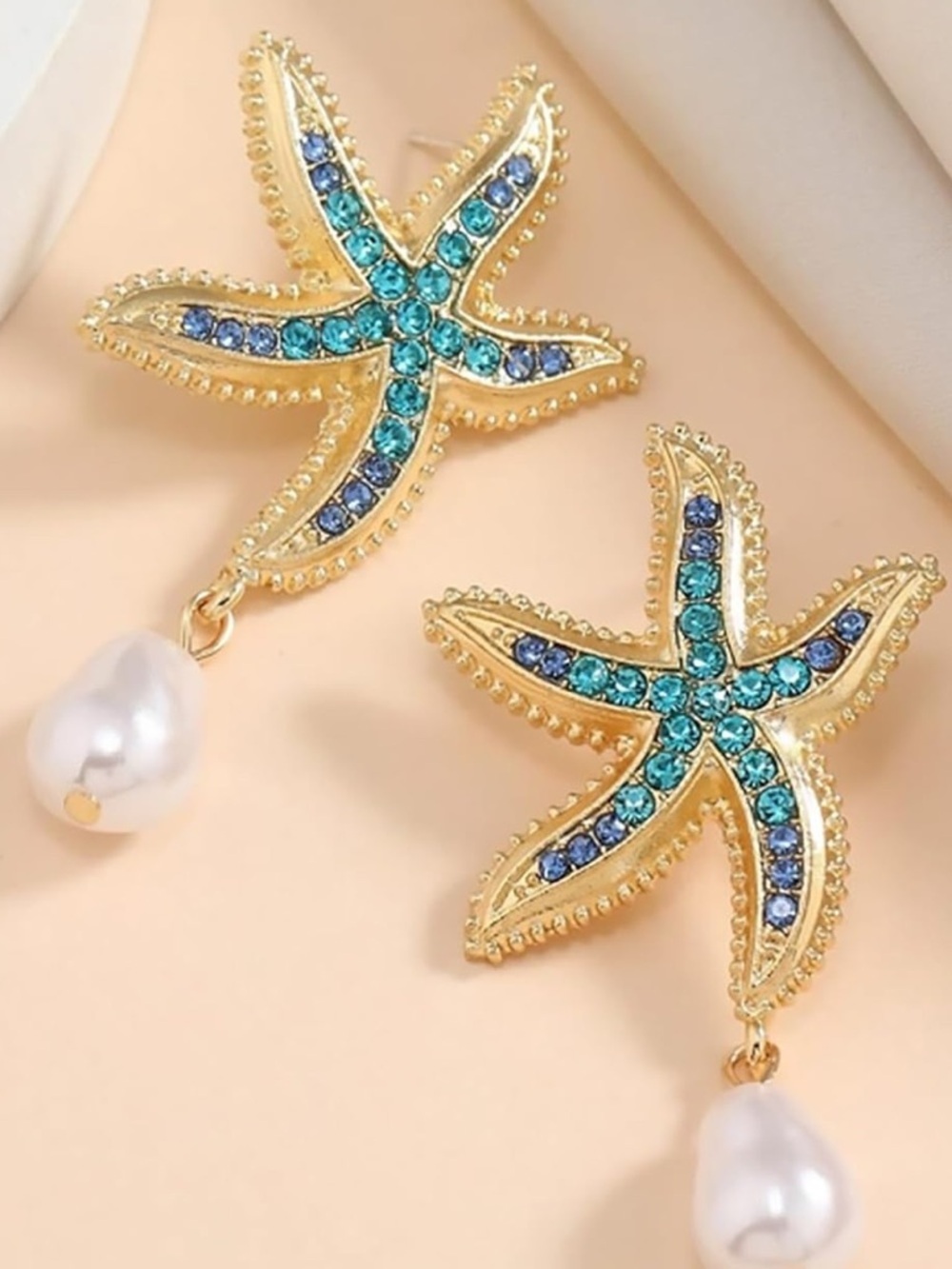 Anthropologie Gold Starfish Earrings with Blue and Teal Crystals and Pearl Drops